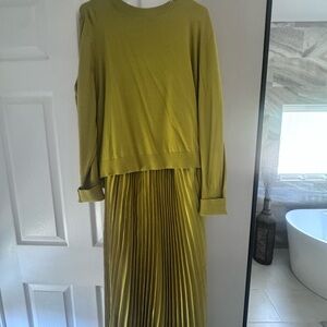 Pleated Midi Skirt with Knit Sweater Set - Chartreuse